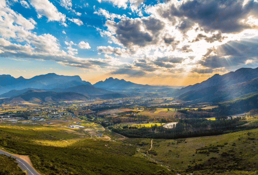 Vineyards with clouds and sunbeams