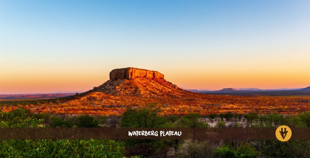 Waterberg Plateau Namibia mit Berg im Sonnenschein und Bäumen im Tal davor