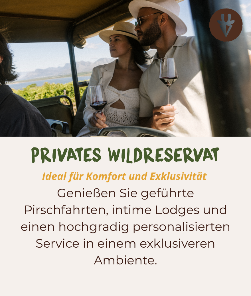 Paar auf einer exklusiven privaten Safari mit Guide im offenen Geländefahrzeug, Südafrika
