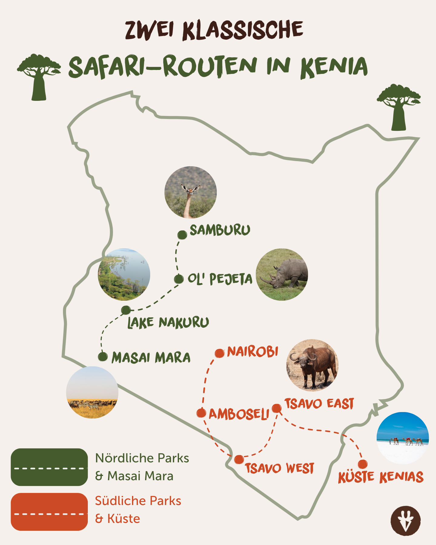 Karte mit zwei klassischen Safari-Routen in Kenia durch die nördlichen Parks und mit der Masai Mara, den südlichen Parks und der kenianischen Küste.